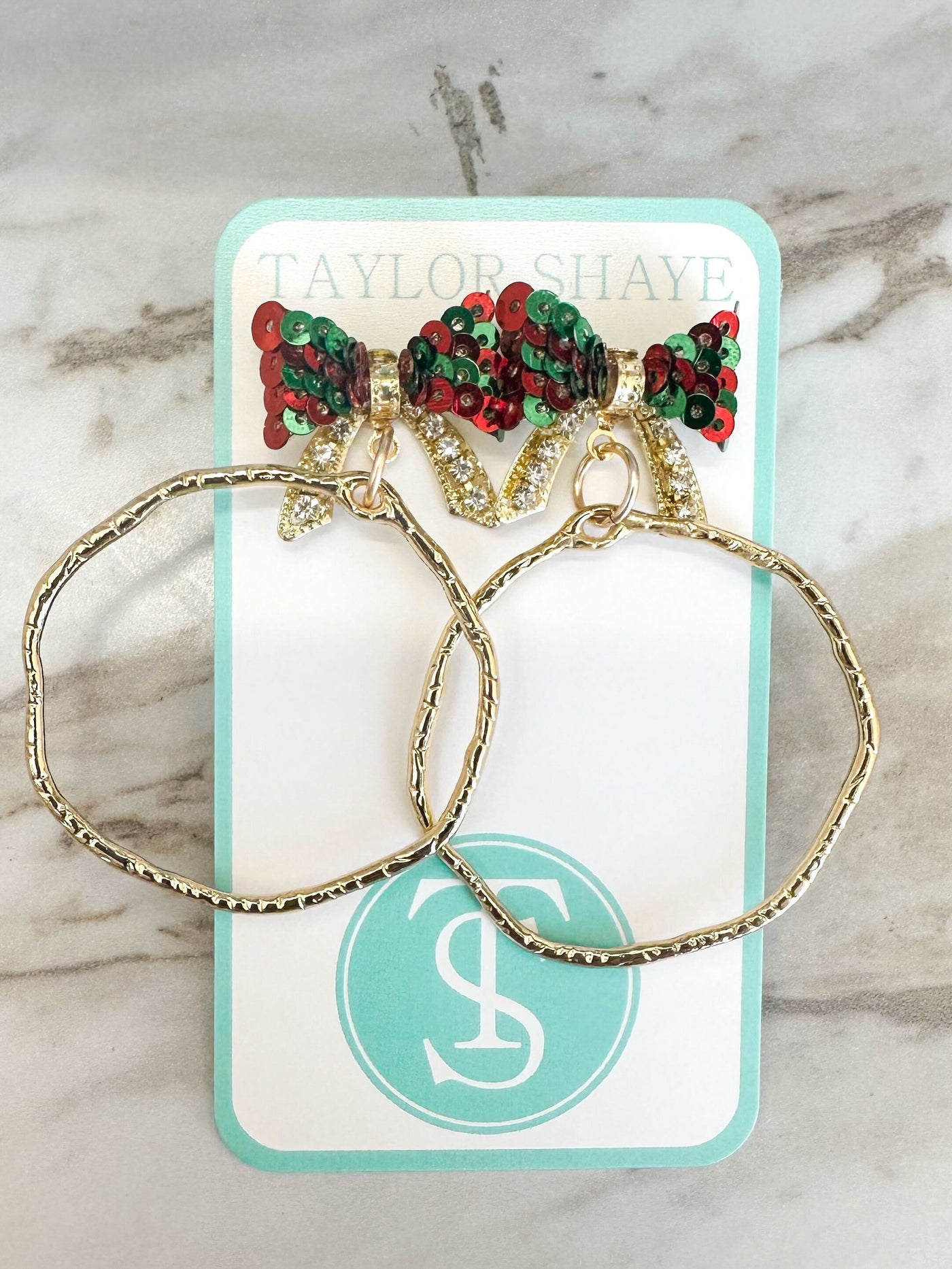 Rhinestone Bow Hoops- Red/Green-190 - ACCESSORIES - JEWELRY-TAYLOR SHAYE-[option4]-[option5]-[option6]-Leather & Lace Boutique Shop