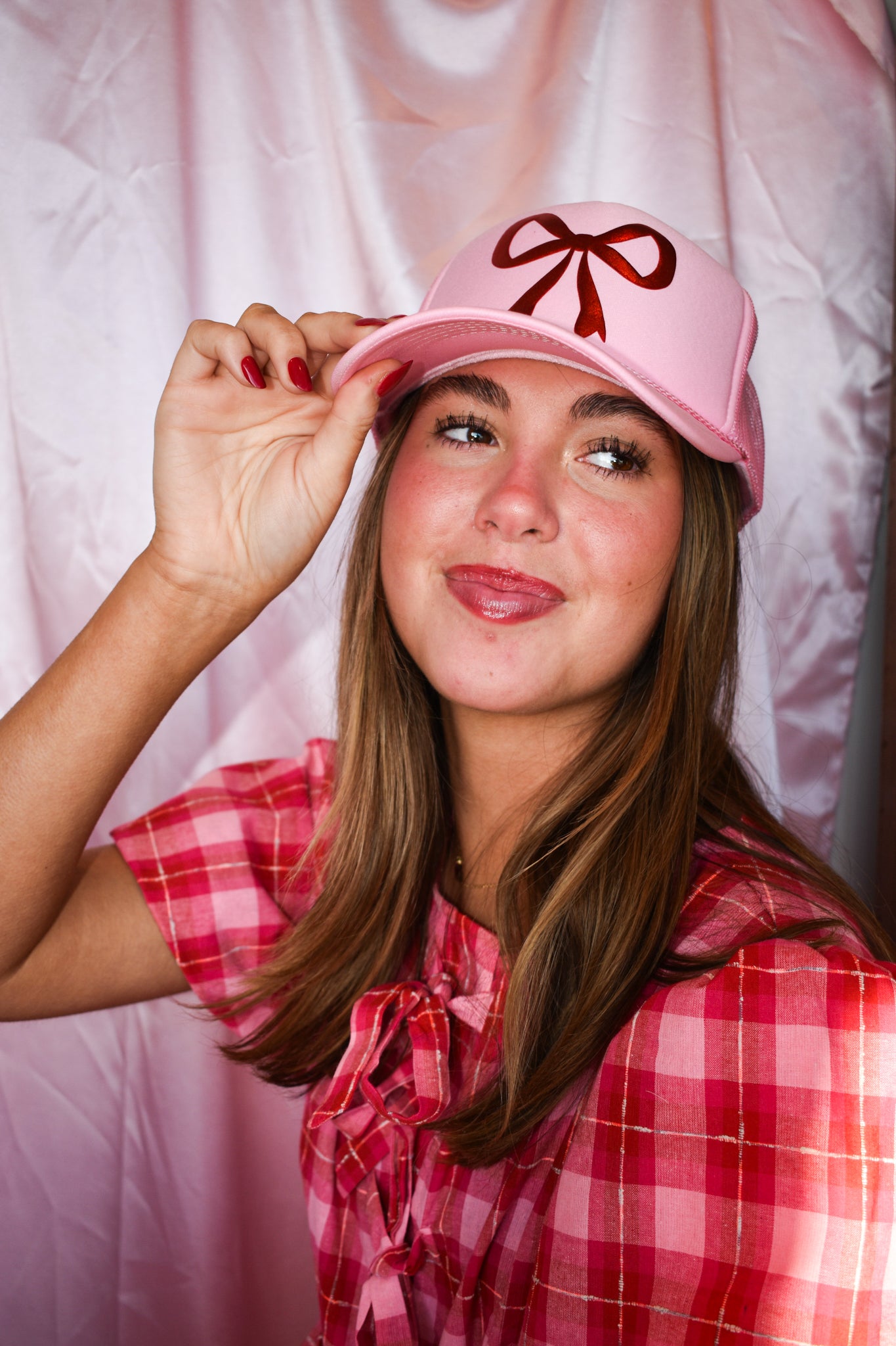 Bow Trucker Hat- Metallic Red/Pink-190 - ACCESSORIES - HATS/HEADWEAR-BABE-[option4]-[option5]-[option6]-Leather & Lace Boutique Shop