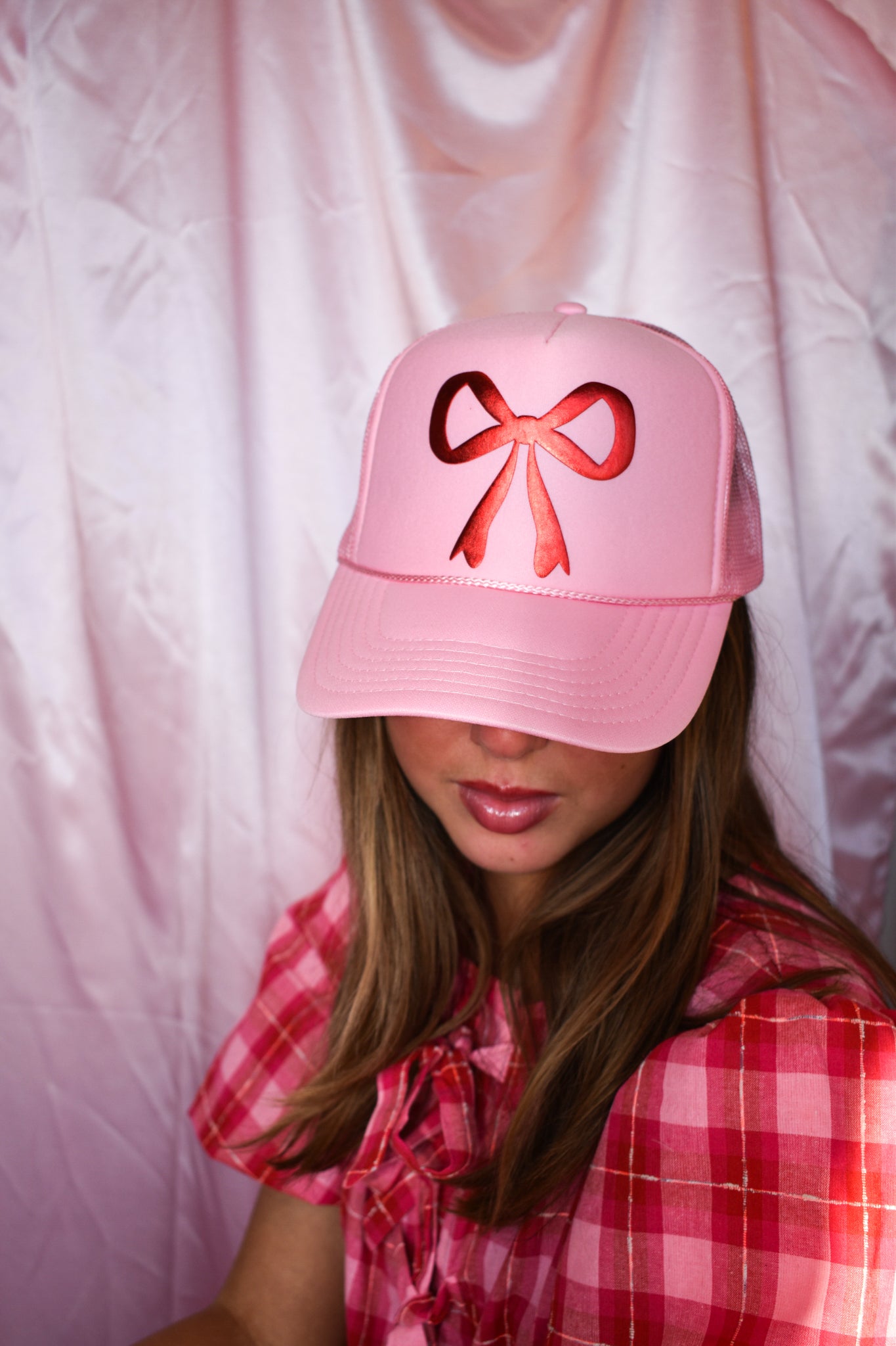 Bow Trucker Hat- Metallic Red/Pink-190 - ACCESSORIES - HATS/HEADWEAR-BABE-[option4]-[option5]-[option6]-Leather & Lace Boutique Shop