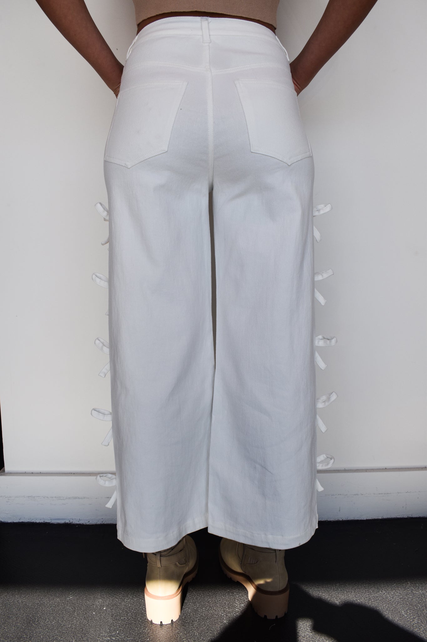 Bow Detail Wide Leg Denim- White-160 - BOTTOMS - OTHER-ENTRO-[option4]-[option5]-[option6]-Leather & Lace Boutique Shop