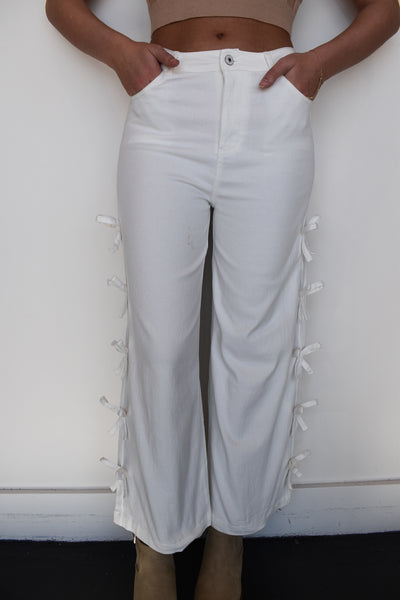 Bow Detail Wide Leg Denim- White-160 - BOTTOMS - OTHER-ENTRO-[option4]-[option5]-[option6]-Leather & Lace Boutique Shop