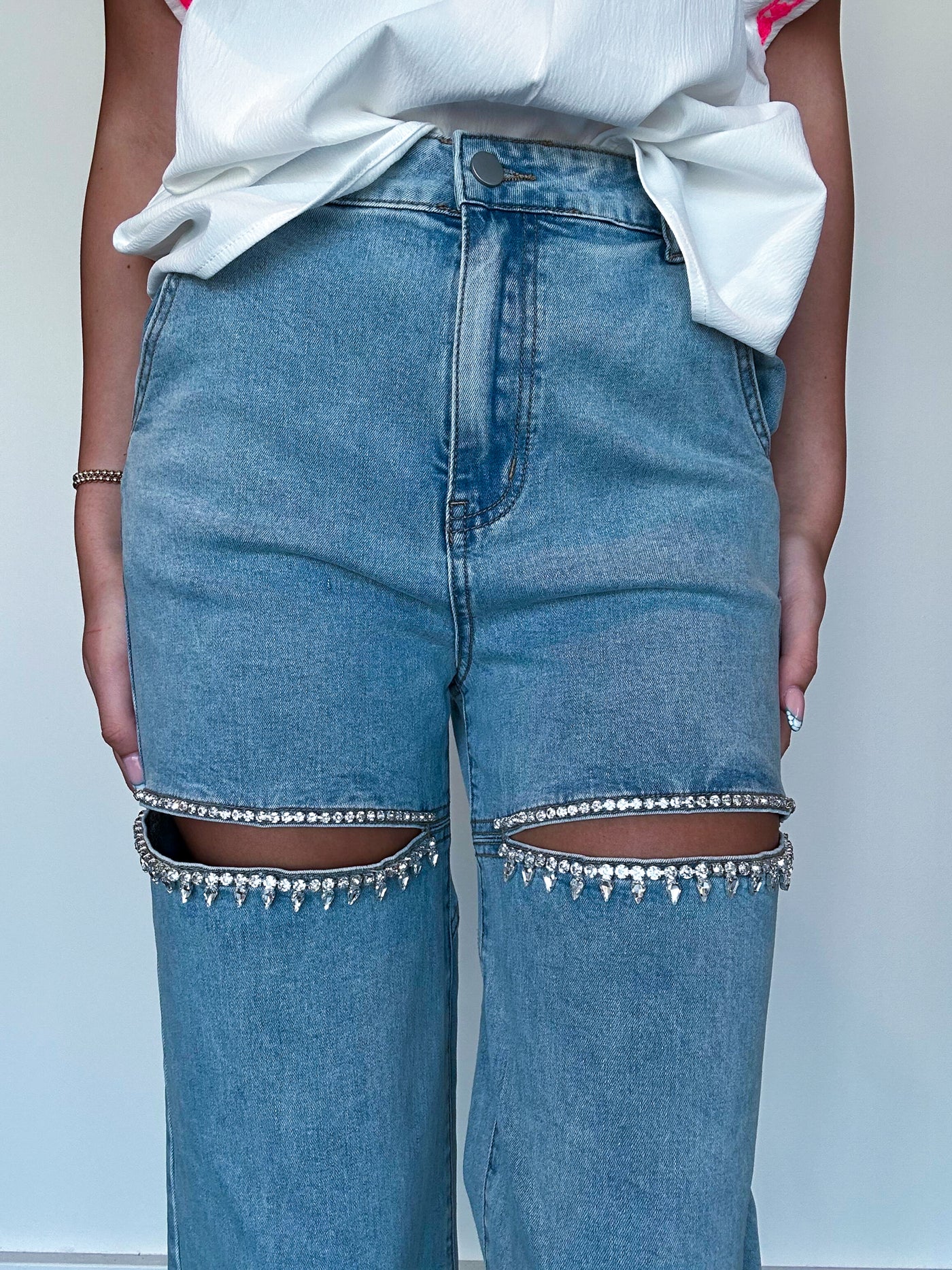 Rhinestone Cut Out Denim- Light Wash-150 - BOTTOMS - DENIM-BLUE B-[option4]-[option5]-[option6]-Leather & Lace Boutique Shop