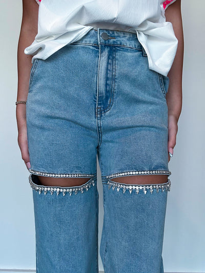 Rhinestone Cut Out Denim- Light Wash-150 - BOTTOMS - DENIM-BLUE B-[option4]-[option5]-[option6]-Leather & Lace Boutique Shop