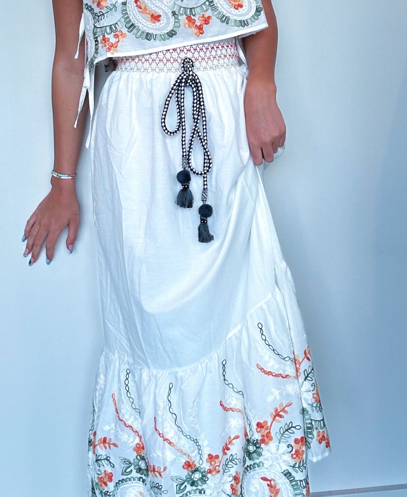 Linen Embroidered Midi Skirt-170 - SETS-SWEET LEMON-[option4]-[option5]-[option6]-Leather & Lace Boutique Shop