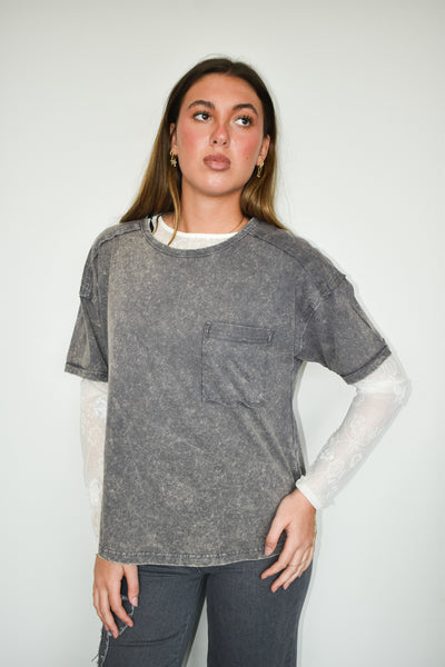 Mineral Wash Relaxed Pocket Tee- Black-100 - TOPS - SHORT SLEEVE/SLEEVELESS-VERY J-[option4]-[option5]-[option6]-Leather & Lace Boutique Shop