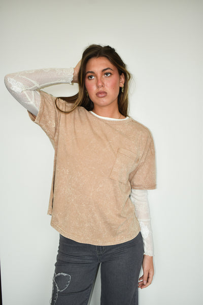 Mineral Wash Relaxed Pocket Tee- Camel-100 - TOPS - SHORT SLEEVE/SLEEVELESS-VERY J-[option4]-[option5]-[option6]-Leather & Lace Boutique Shop