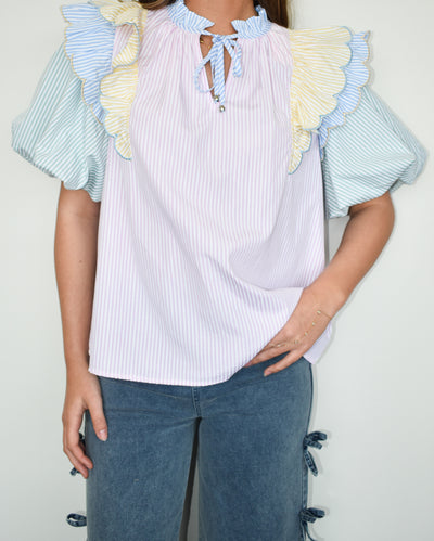 Multi Color Ruffle Blouse-100 - TOPS - SHORT SLEEVE/SLEEVELESS-ENTRO-[option4]-[option5]-[option6]-Leather & Lace Boutique Shop