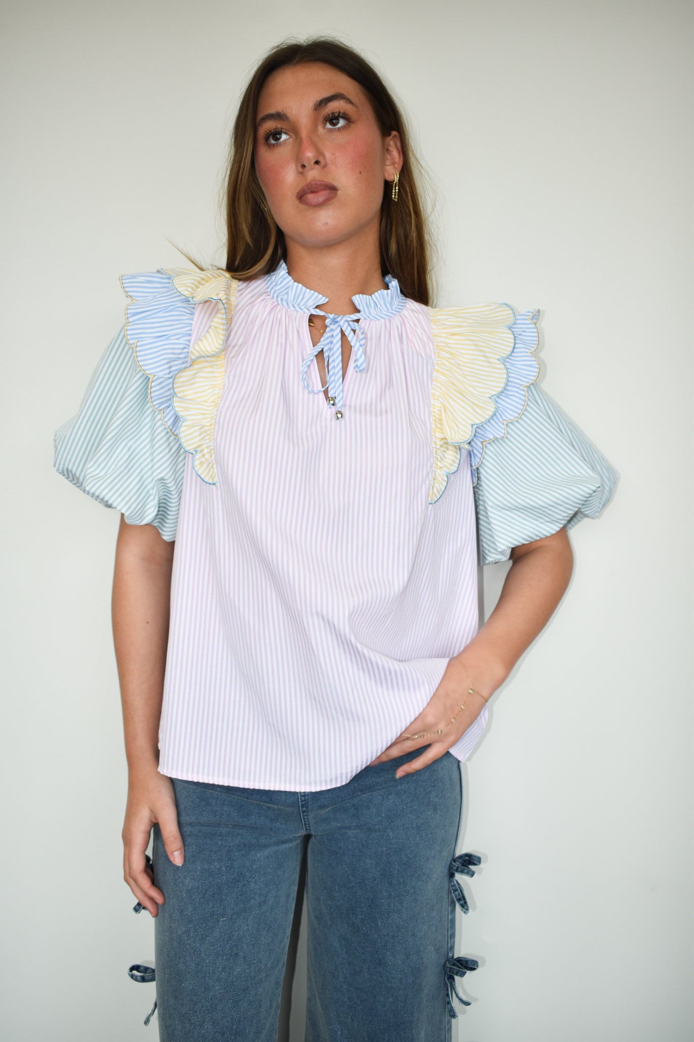 Multi Color Ruffle Blouse-100 - TOPS - SHORT SLEEVE/SLEEVELESS-ENTRO-[option4]-[option5]-[option6]-Leather & Lace Boutique Shop