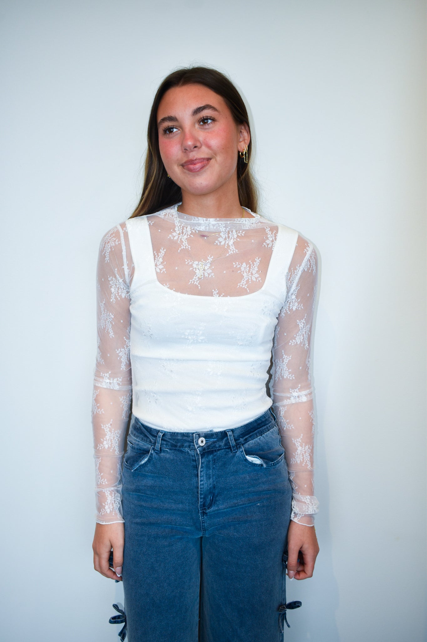 Lace Long Sleeve Layering Top- White-110 - TOPS - LONG SLEEVE-SWEET GENERIS-[option4]-[option5]-[option6]-Leather & Lace Boutique Shop