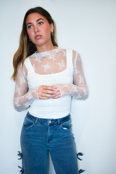 Lace Long Sleeve Layering Top- White-110 - TOPS - LONG SLEEVE-SWEET GENERIS-[option4]-[option5]-[option6]-Leather & Lace Boutique Shop