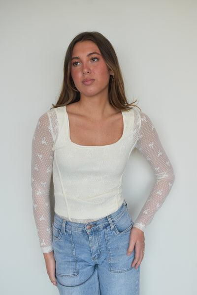 Bow Jacquard Long Sleeve Bodysuit-110 - TOPS - LONG SLEEVE-BLUE B-[option4]-[option5]-[option6]-Leather & Lace Boutique Shop