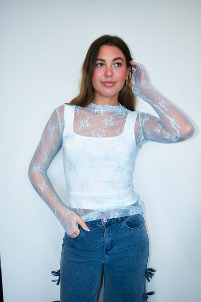 Lace Long Sleeve Layering Top- Blue-110 - TOPS - LONG SLEEVE-SWEET GENERIS-[option4]-[option5]-[option6]-Leather & Lace Boutique Shop