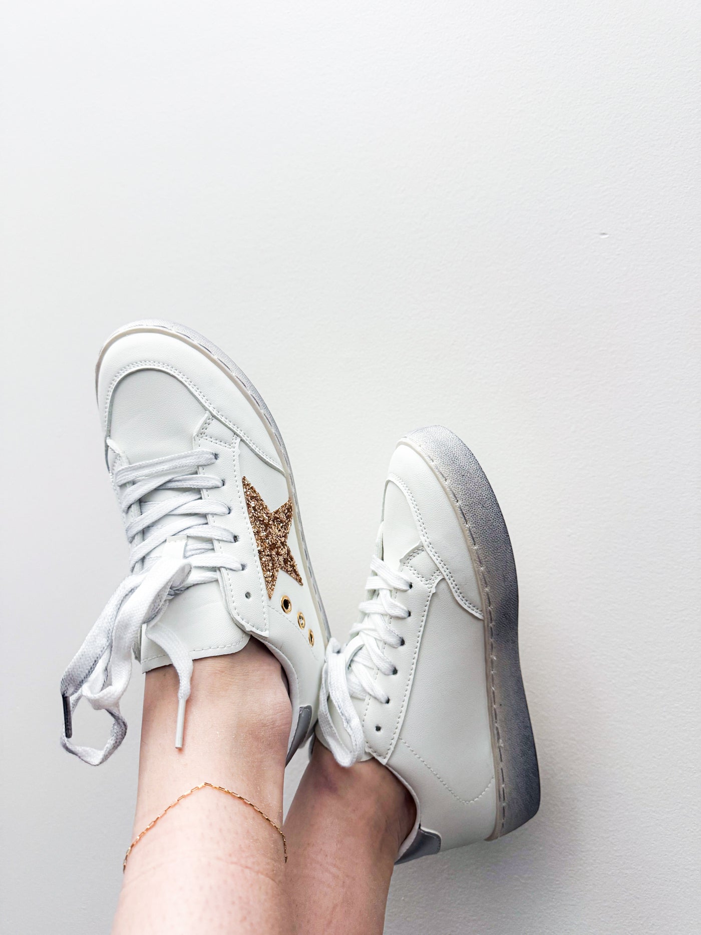 Lucie Distressed Sneakers- White/Gold-180 - SHOES-LILIANA-[option4]-[option5]-[option6]-Leather & Lace Boutique Shop