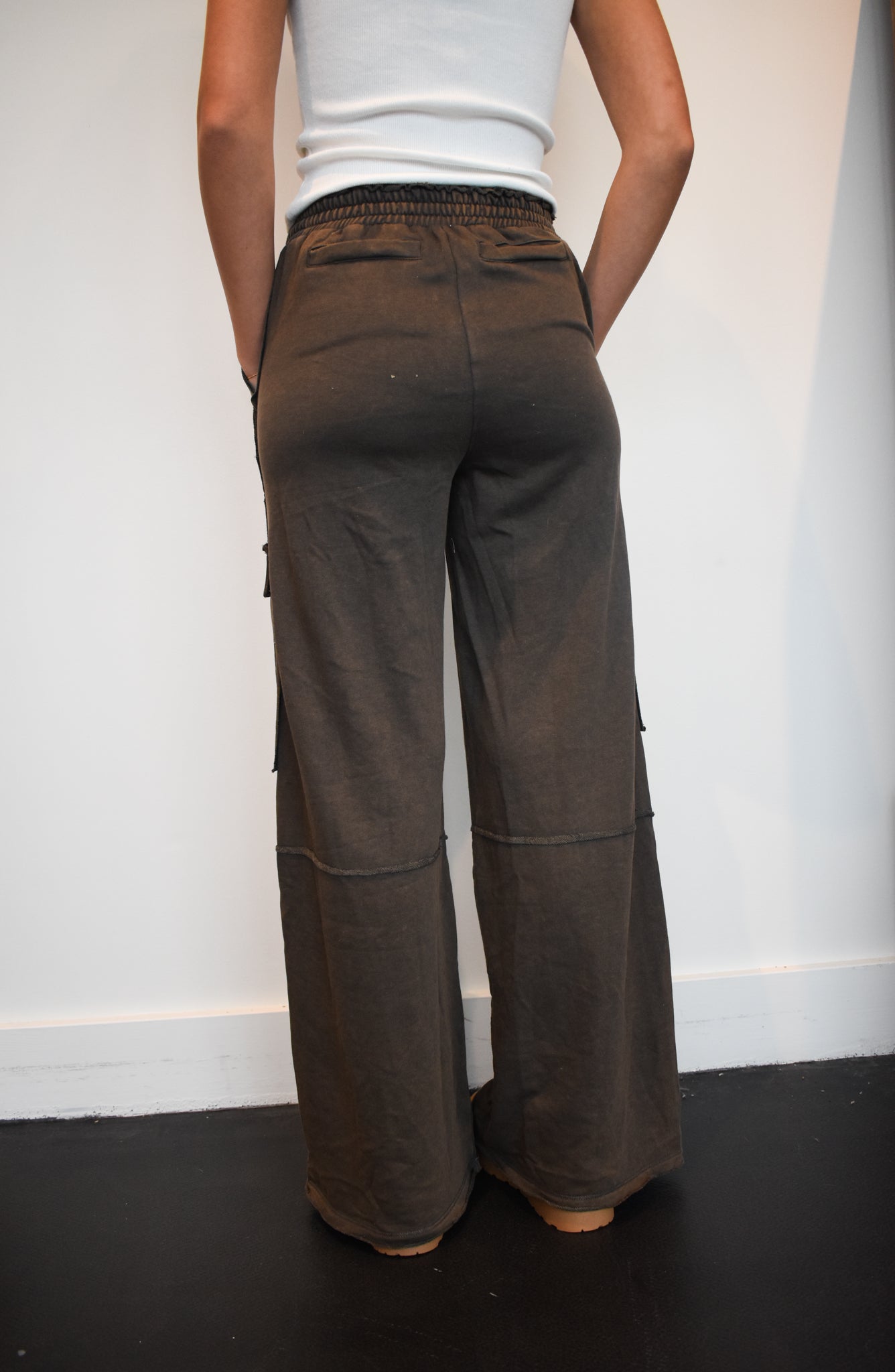 Brown Cargo Wide Leg Sweat Pant-160 - BOTTOMS - OTHER-FANTASTIC FAWN-[option4]-[option5]-[option6]-Leather & Lace Boutique Shop