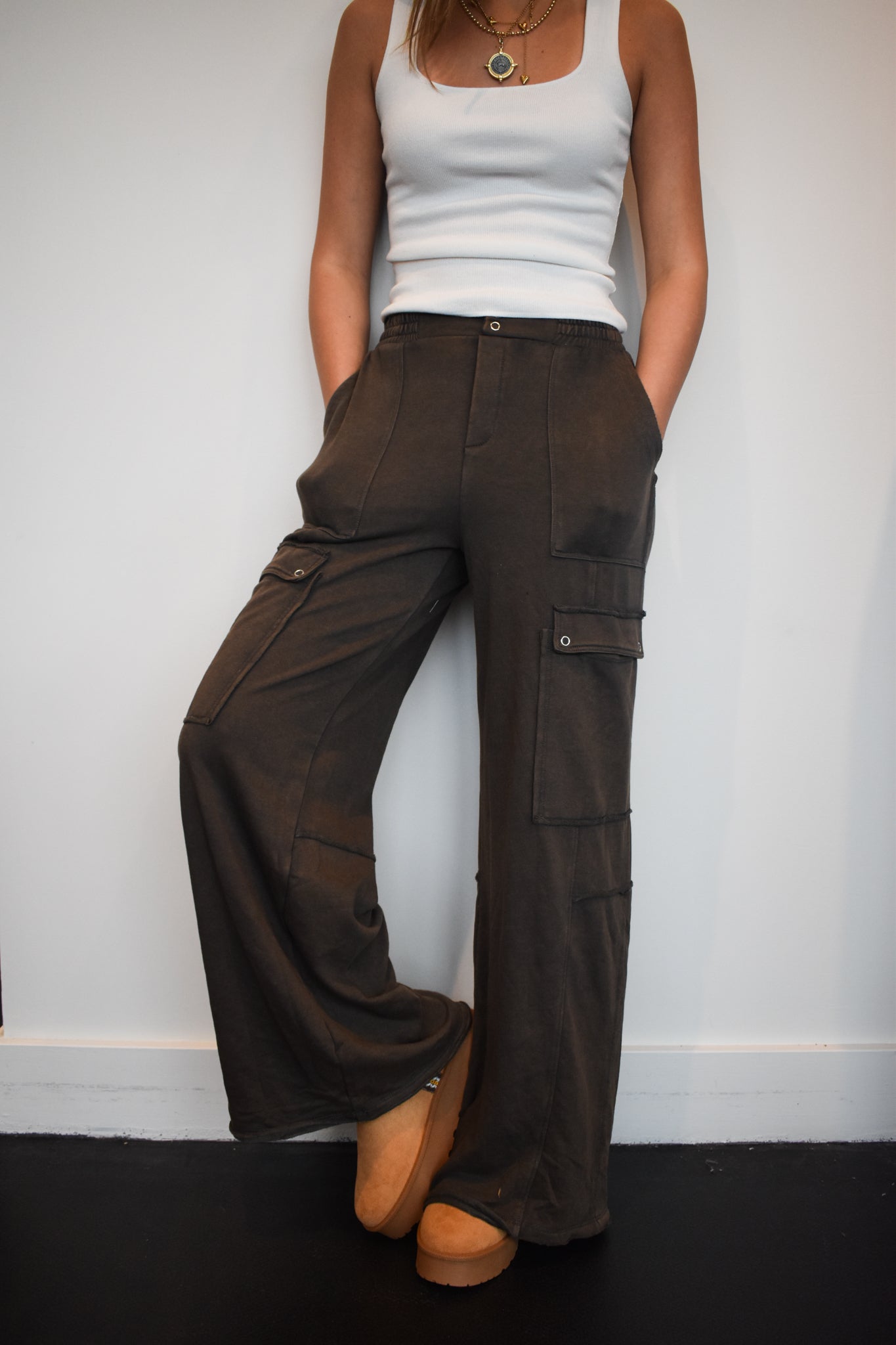 Brown Cargo Wide Leg Sweat Pant-160 - BOTTOMS - OTHER-FANTASTIC FAWN-[option4]-[option5]-[option6]-Leather & Lace Boutique Shop