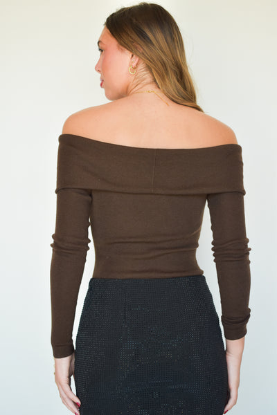 Off The Shoulder Long Sleeve- Chocolate-110 - TOPS - LONG SLEEVE-BLU PEPPER-[option4]-[option5]-[option6]-Leather & Lace Boutique Shop