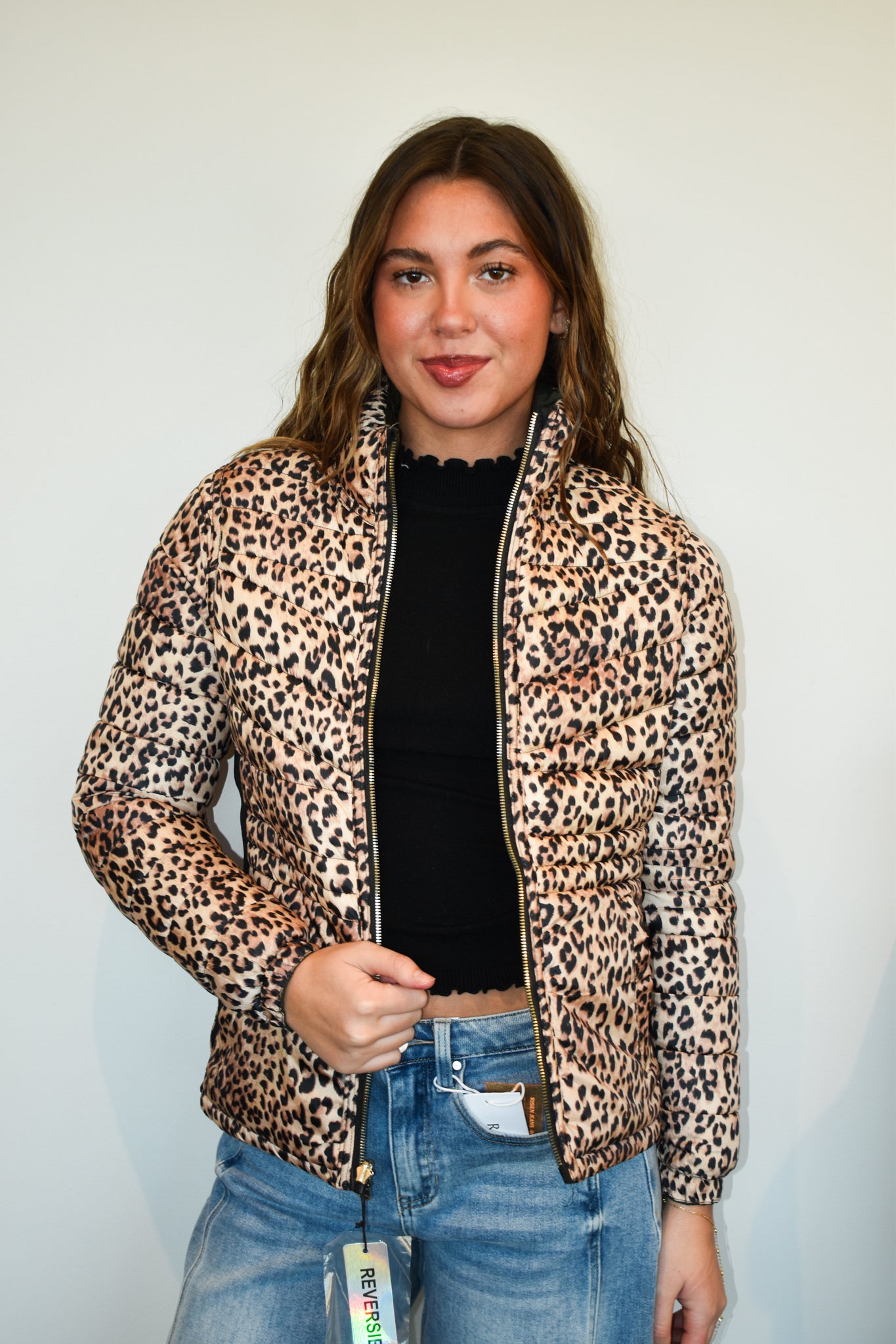 Reversible Leopard Puffer Jacket- Green-140 - TOPS - LAYERS/OUTERWEAR-EESOME-[option4]-[option5]-[option6]-Leather & Lace Boutique Shop