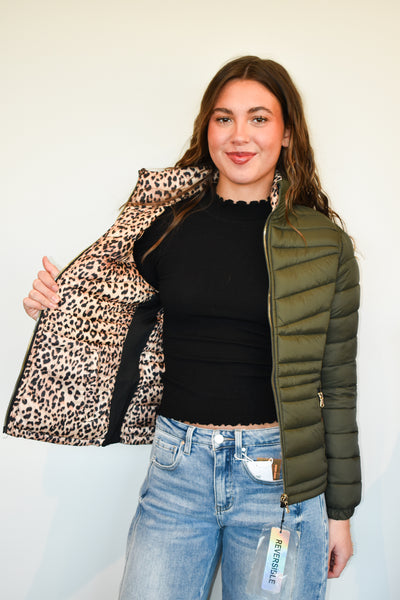 Reversible Leopard Puffer Jacket- Green-140 - TOPS - LAYERS/OUTERWEAR-EESOME-[option4]-[option5]-[option6]-Leather & Lace Boutique Shop