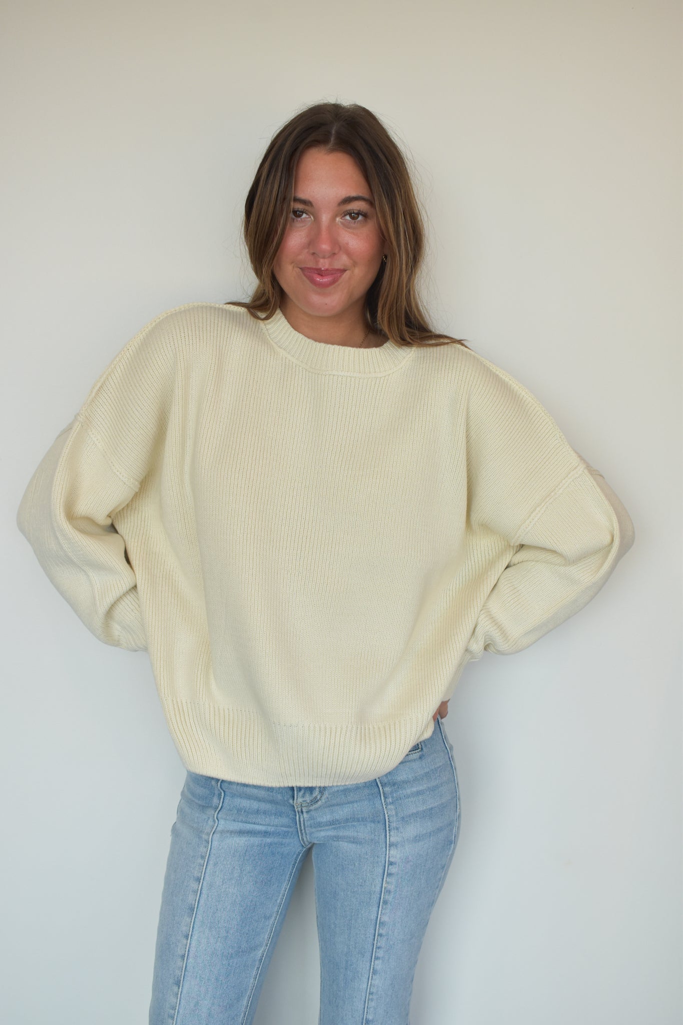 Loose Fit Knit Sweater- Cream-130 - TOPS - SWEATERS/SWEATSHIRTS-HYFVE-[option4]-[option5]-[option6]-Leather & Lace Boutique Shop