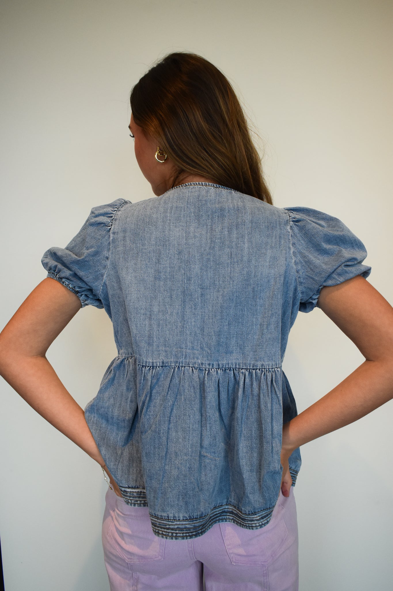 Denim Babydoll Bow Blouse-100 - TOPS - SHORT SLEEVE/SLEEVELESS-SHE + SKY-[option4]-[option5]-[option6]-Leather & Lace Boutique Shop