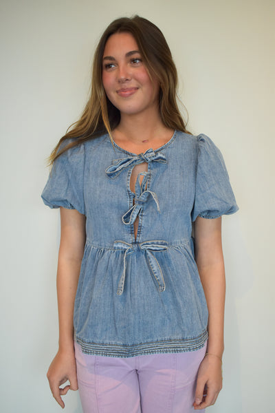 Denim Babydoll Bow Blouse-100 - TOPS - SHORT SLEEVE/SLEEVELESS-SHE + SKY-[option4]-[option5]-[option6]-Leather & Lace Boutique Shop