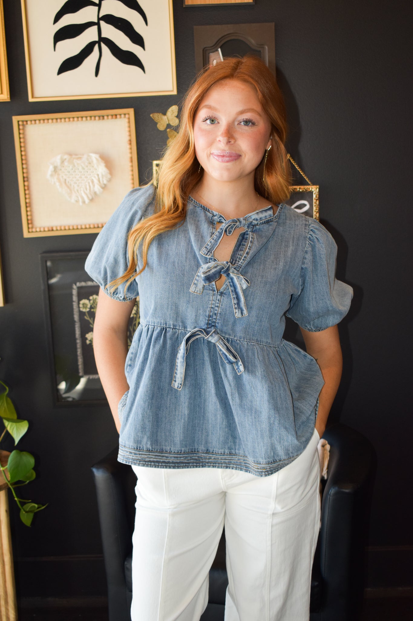 Denim Babydoll Bow Blouse-100 - TOPS - SHORT SLEEVE/SLEEVELESS-SHE + SKY-[option4]-[option5]-[option6]-Leather & Lace Boutique Shop