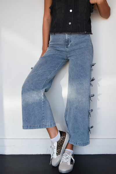 Bow Detail Wide Leg Denim-150 - BOTTOMS - DENIM-ENTRO-[option4]-[option5]-[option6]-Leather & Lace Boutique Shop