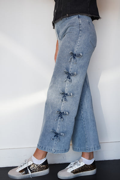 Bow Detail Wide Leg Denim-150 - BOTTOMS - DENIM-ENTRO-[option4]-[option5]-[option6]-Leather & Lace Boutique Shop