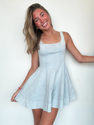 Square Neck Denim Babydoll Dress-170 - DRESSES-MUSTARD SEED-[option4]-[option5]-[option6]-Leather & Lace Boutique Shop