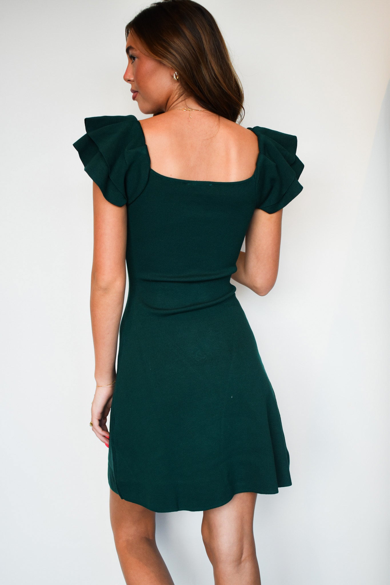 Emerald Ruffle Shoulder Dress-170 - DRESSES-TIMING-[option4]-[option5]-[option6]-Leather & Lace Boutique Shop