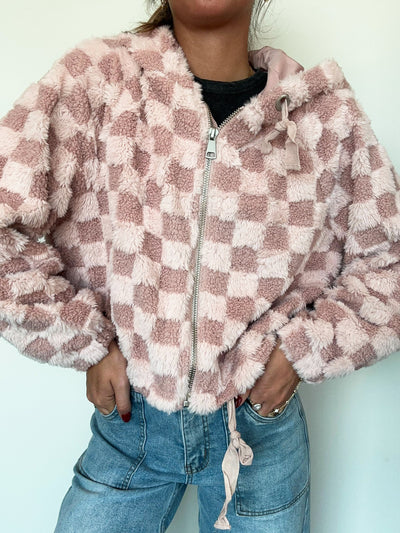 Teddy Checkered Fur Hoodie- Pink-140 - TOPS - LAYERS/OUTERWEAR-HYFVE-[option4]-[option5]-[option6]-Leather & Lace Boutique Shop