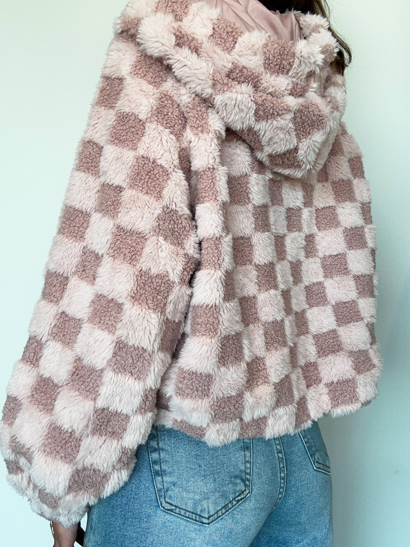 Teddy Checkered Fur Hoodie- Pink-140 - TOPS - LAYERS/OUTERWEAR-HYFVE-[option4]-[option5]-[option6]-Leather & Lace Boutique Shop