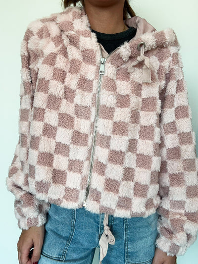 Teddy Checkered Fur Hoodie- Pink-140 - TOPS - LAYERS/OUTERWEAR-HYFVE-[option4]-[option5]-[option6]-Leather & Lace Boutique Shop