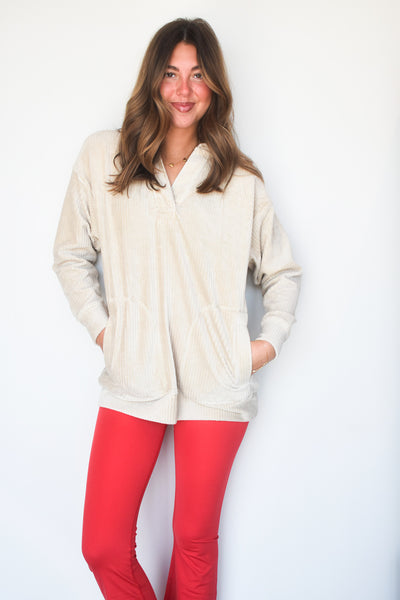 Oversized Collared Corduroy Pullover- Natural-130 - TOPS - SWEATERS/SWEATSHIRTS-MONO B-[option4]-[option5]-[option6]-Leather & Lace Boutique Shop