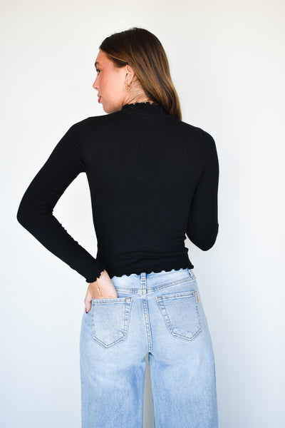 Lettuce Hem Mock Neck- Black-110 - TOPS - LONG SLEEVE-EDGEMINE-[option4]-[option5]-[option6]-Leather & Lace Boutique Shop