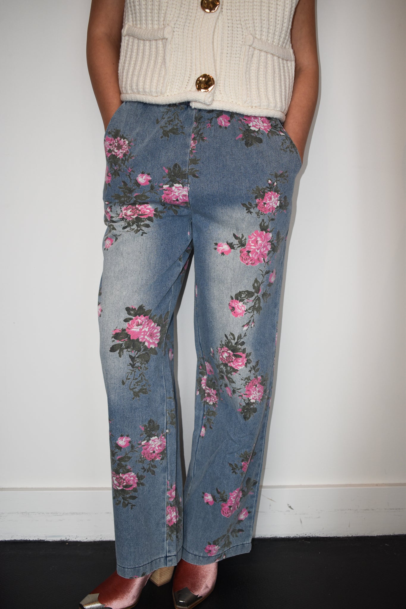 Vintage Floral Painted Denim-150 - BOTTOMS - DENIM-BIBI-[option4]-[option5]-[option6]-Leather & Lace Boutique Shop