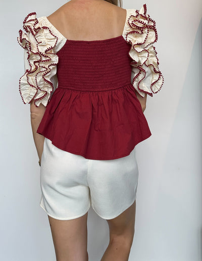 Crimson Ruffle Babydoll Blouse-100 - TOPS - SHORT SLEEVE/SLEEVELESS-LISTICLE-[option4]-[option5]-[option6]-Leather & Lace Boutique Shop