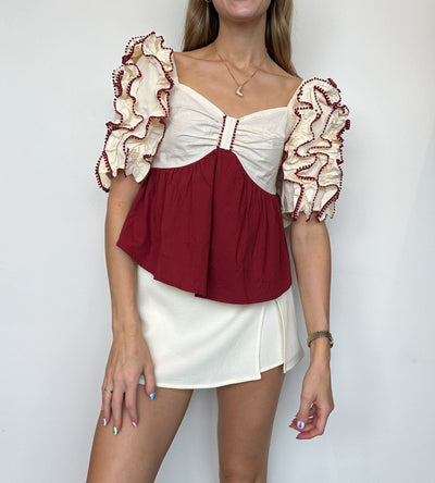 Crimson Ruffle Babydoll Blouse-100 - TOPS - SHORT SLEEVE/SLEEVELESS-LISTICLE-[option4]-[option5]-[option6]-Leather & Lace Boutique Shop