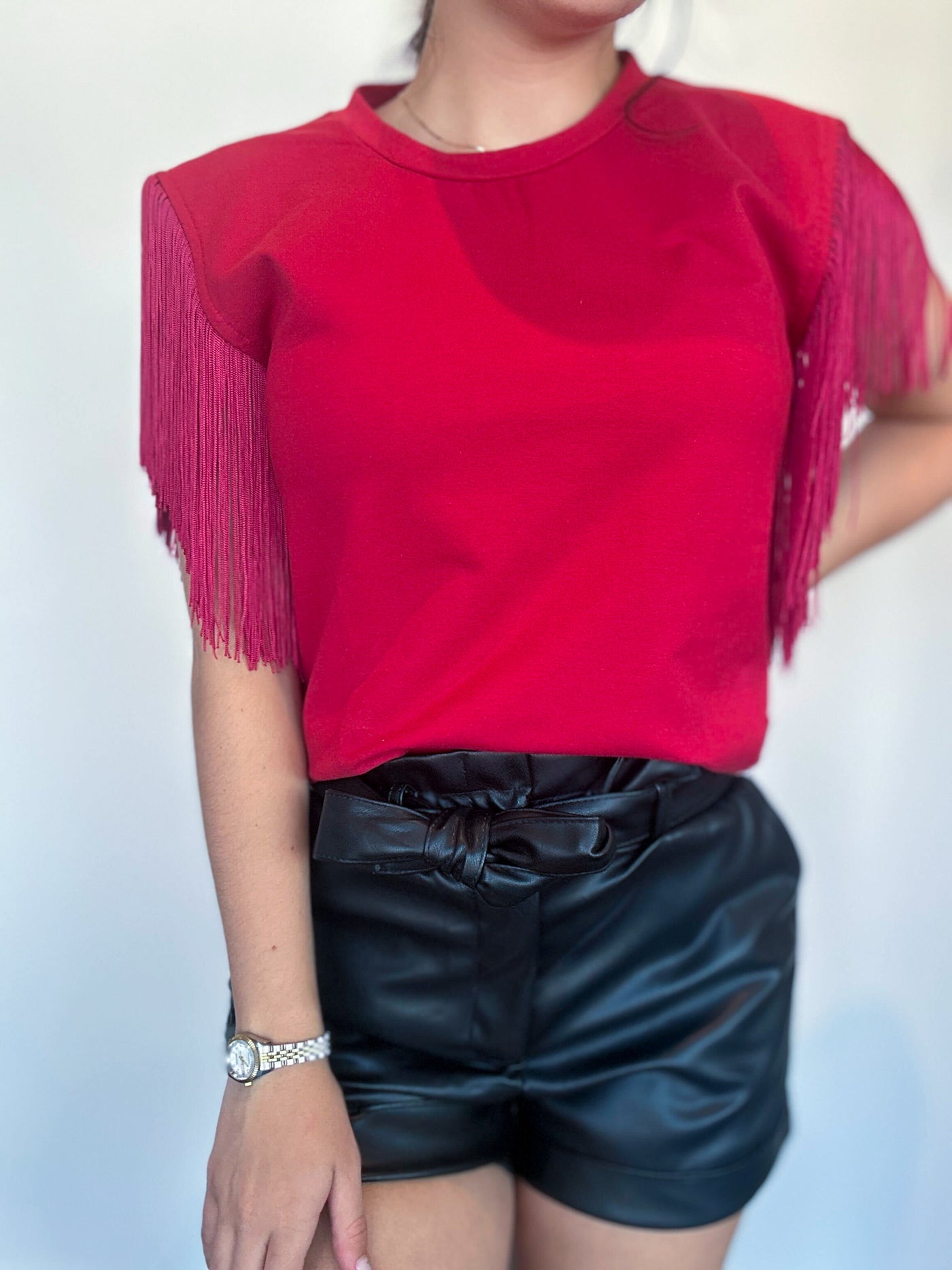 Fringe Detailed Knit Top- Crimson-100 - TOPS - SHORT SLEEVE/SLEEVELESS-STRUT AND BOLT-[option4]-[option5]-[option6]-Leather & Lace Boutique Shop