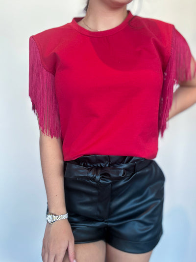 Fringe Detailed Knit Top- Crimson-100 - TOPS - SHORT SLEEVE/SLEEVELESS-STRUT AND BOLT-[option4]-[option5]-[option6]-Leather & Lace Boutique Shop