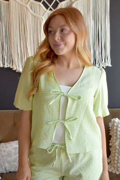 Rosie Gingham Tie Blouse- Lime-170 - SETS-HYFVE-[option4]-[option5]-[option6]-Leather & Lace Boutique Shop