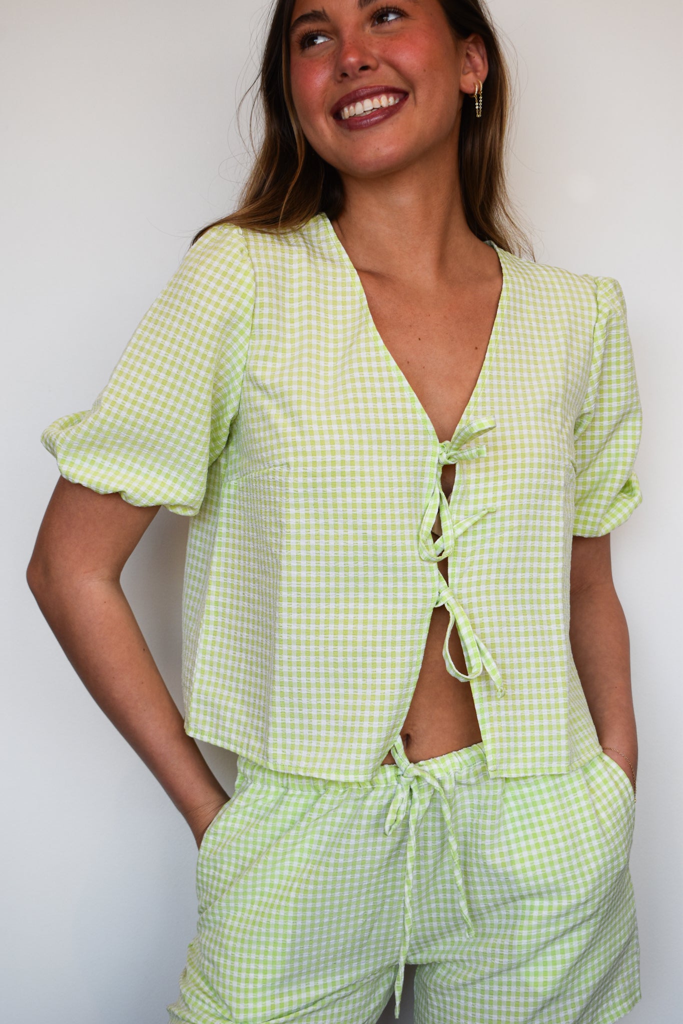 Rosie Gingham Tie Blouse- Lime-170 - SETS-HYFVE-[option4]-[option5]-[option6]-Leather & Lace Boutique Shop