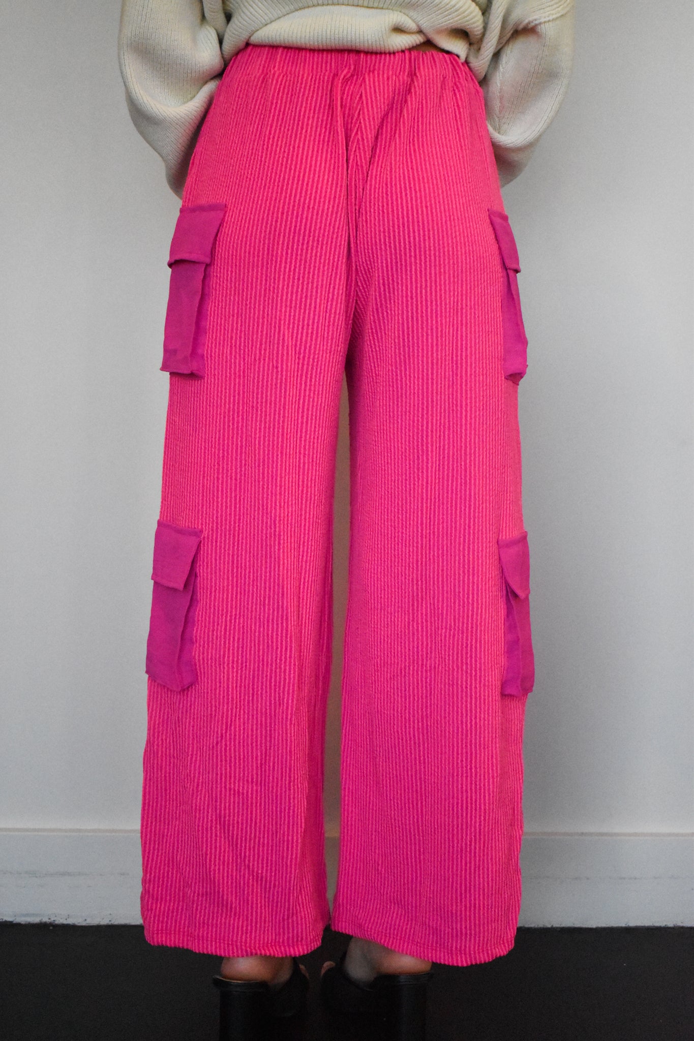 Ribbed Knit Cargo Pants- Fuschia-160 - BOTTOMS - OTHER-BUCKETLIST-[option4]-[option5]-[option6]-Leather & Lace Boutique Shop