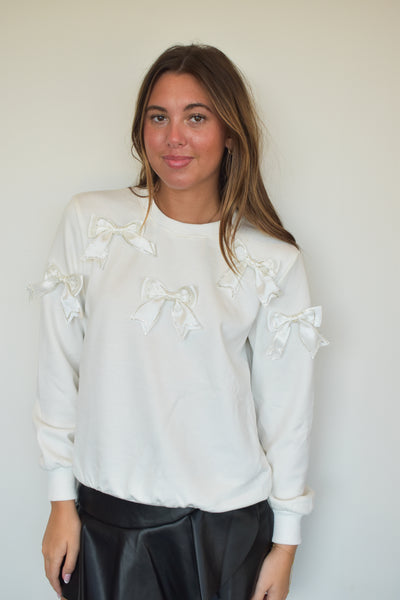 Rhinestone Bow Sweater- White-130 - TOPS - SWEATERS/SWEATSHIRTS-GALITA-[option4]-[option5]-[option6]-Leather & Lace Boutique Shop