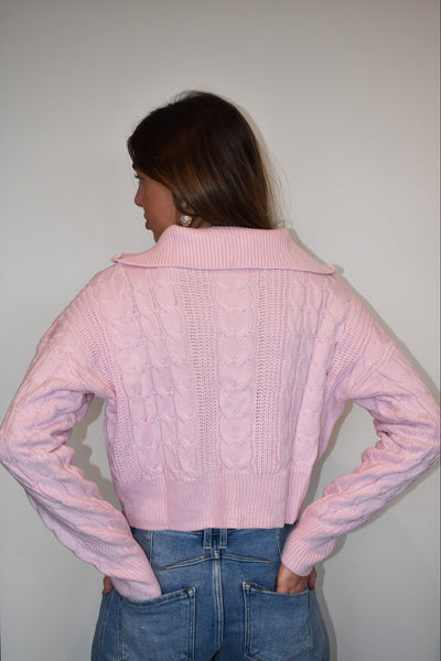 Quilted Quarter Zip Sweater- Baby Pink