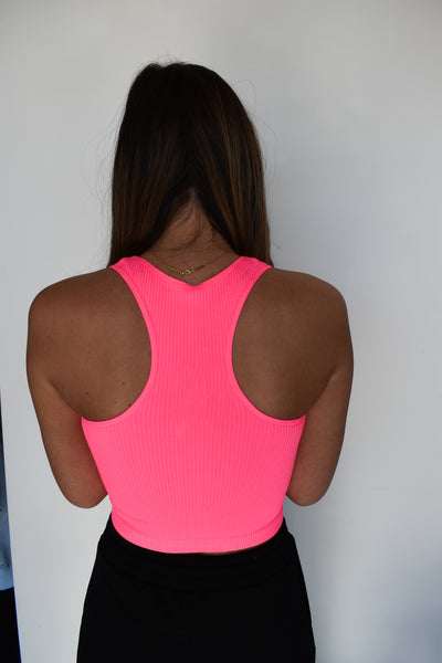 Ribbed Racer Back Cropped Tank- Neon Pink-100 - TOPS - SHORT SLEEVE/SLEEVELESS-ANWND-[option4]-[option5]-[option6]-Leather & Lace Boutique Shop