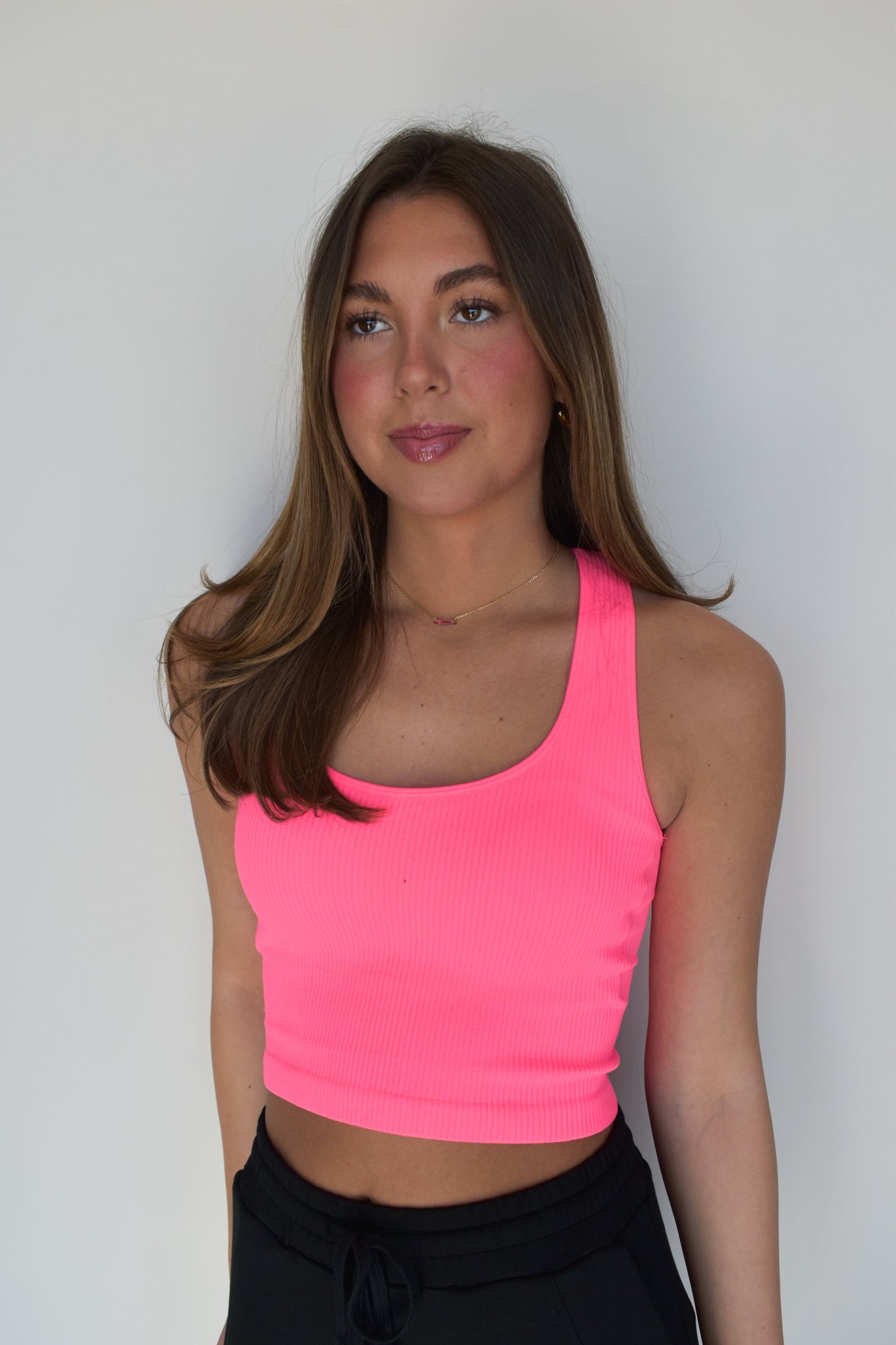 Ribbed Racer Back Cropped Tank- Neon Pink