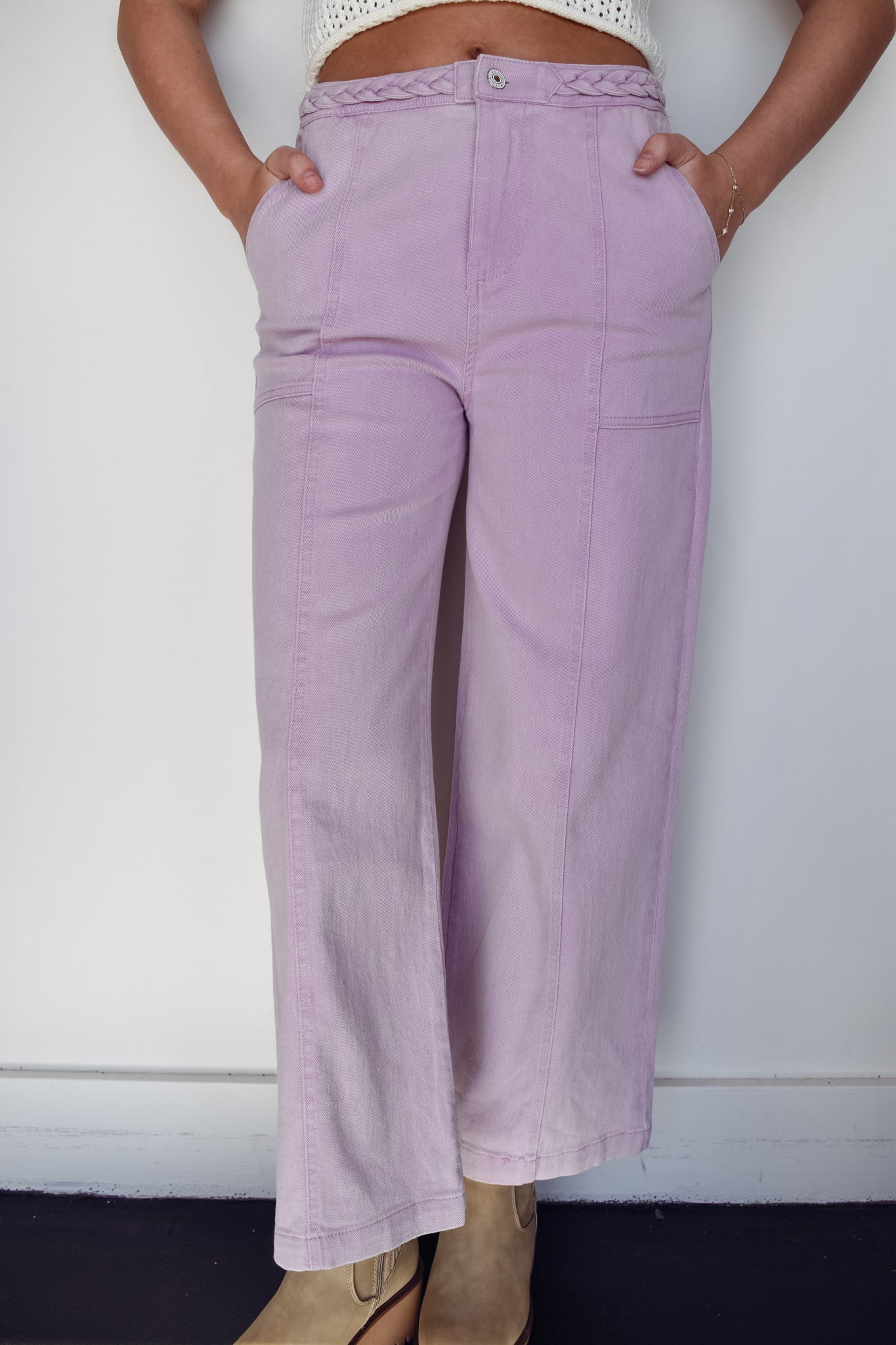 Braided Wide Leg Denim- Lilac-160 - BOTTOMS - OTHER-ENTRO-[option4]-[option5]-[option6]-Leather & Lace Boutique Shop