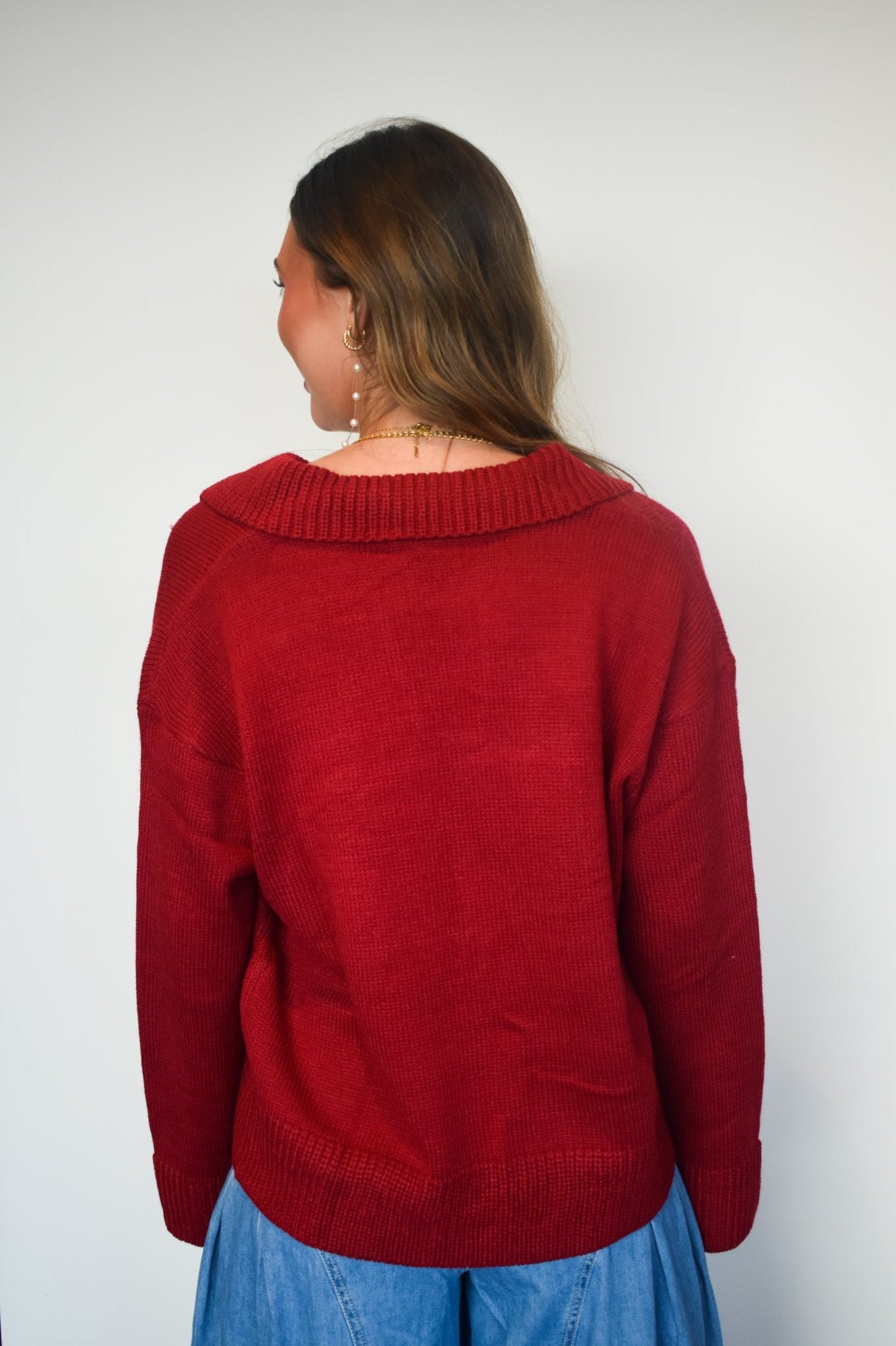 Wide Collar Knit Sweater- Red-130 - TOPS - SWEATERS/SWEATSHIRTS-GEEGEE-[option4]-[option5]-[option6]-Leather & Lace Boutique Shop