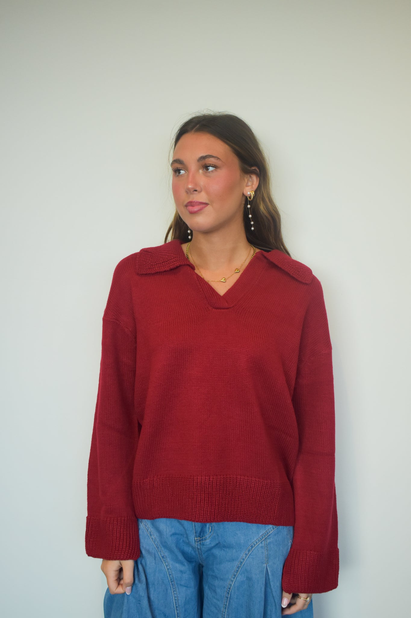 Wide Collar Knit Sweater- Red-130 - TOPS - SWEATERS/SWEATSHIRTS-GEEGEE-[option4]-[option5]-[option6]-Leather & Lace Boutique Shop